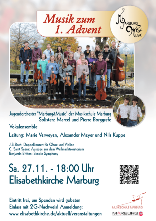 Konzertankündigung "Musik zum 1. Advent"
Sa. 27.11.21 18 Uhr
Elisabethkirche Marburg